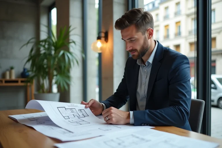 Agent immobilier analysant des plans et documents financiers dans une agence moderne à Rennes