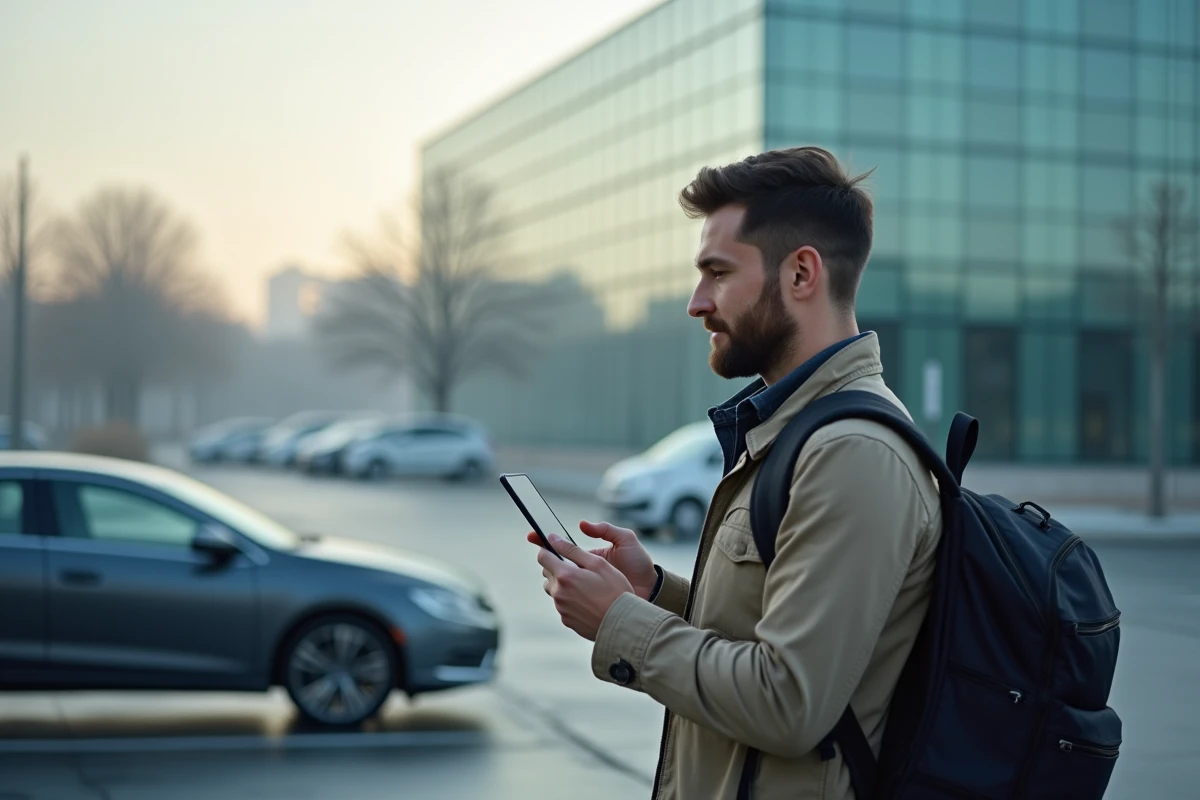 Un homme ajustant le prix de son covoiturage domicile-travail dans le parking de son bureau