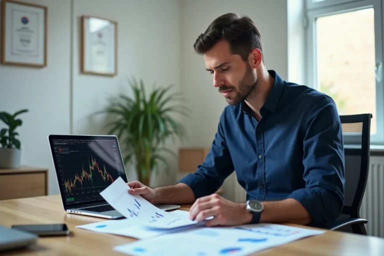 Homme analysant des graphiques boursiers et des données financières sur son bureau à domicile