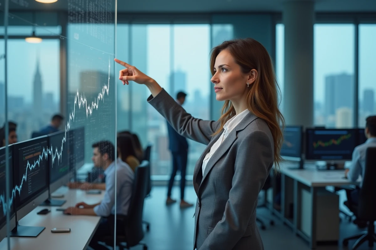 Analyste financière présentant des tendances boursières sur un écran numérique dans un bureau moderne
