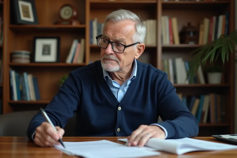 Ancien combattant à la retraite consultant ses documents de retraite mutualiste à son bureau à domicile