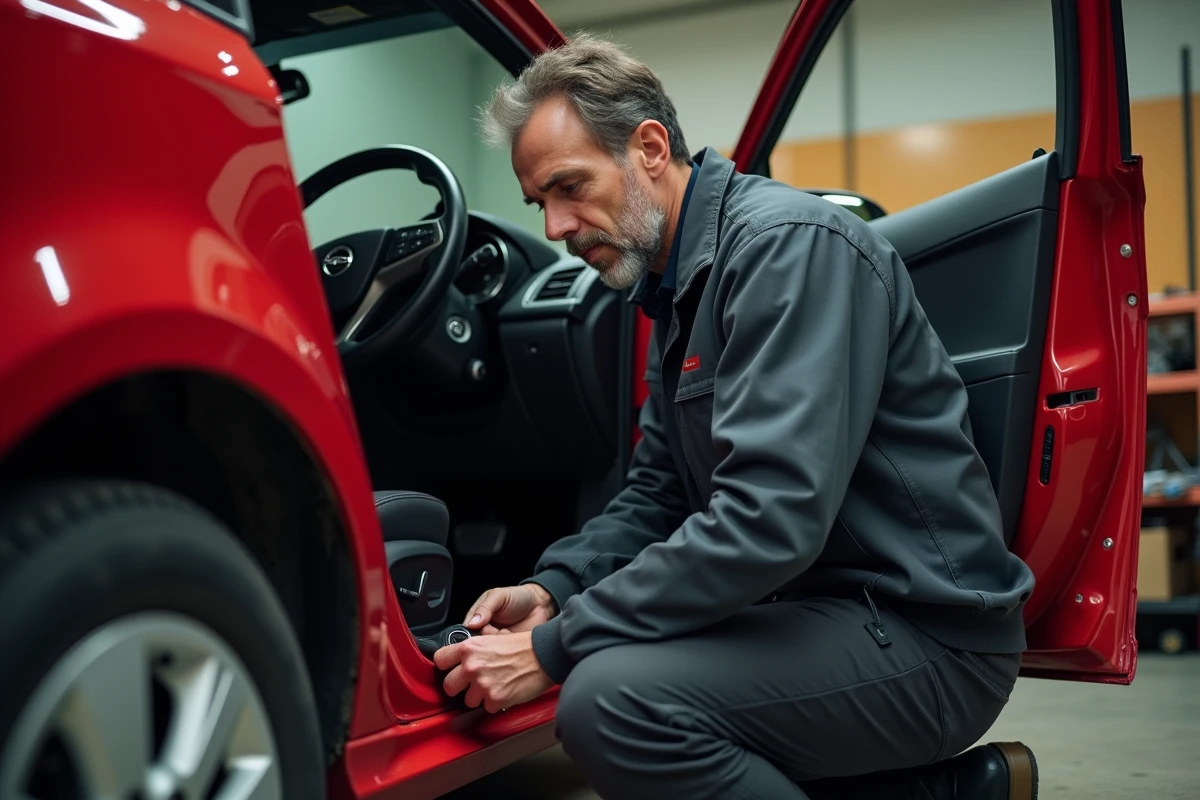 Spécialiste en sécurité automobile installant un antivol sur une Opel Corsa rouge dans un garage, conseils pour protéger son véhicule contre le vol
