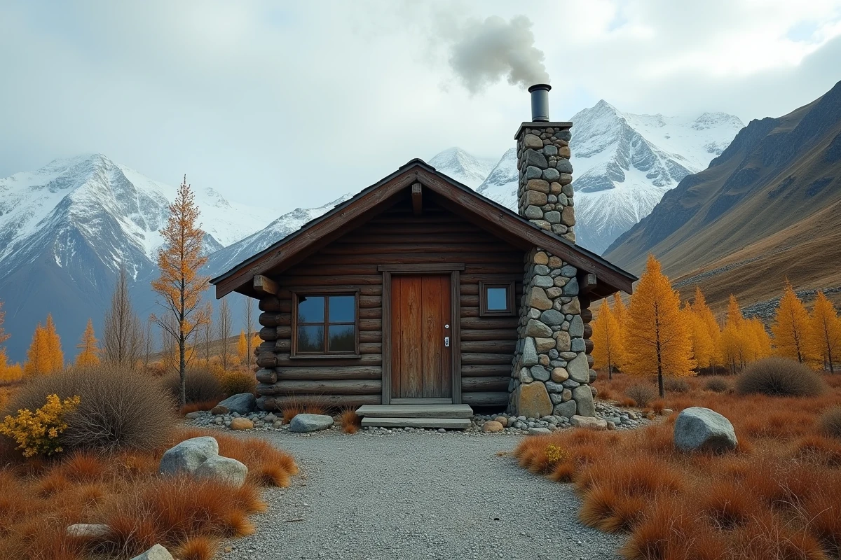 Cabane en bois rustique et hors réseau en Patagonie entourée de hêtres dorés et de sommets andins enneigés, symbole d'une vie simple