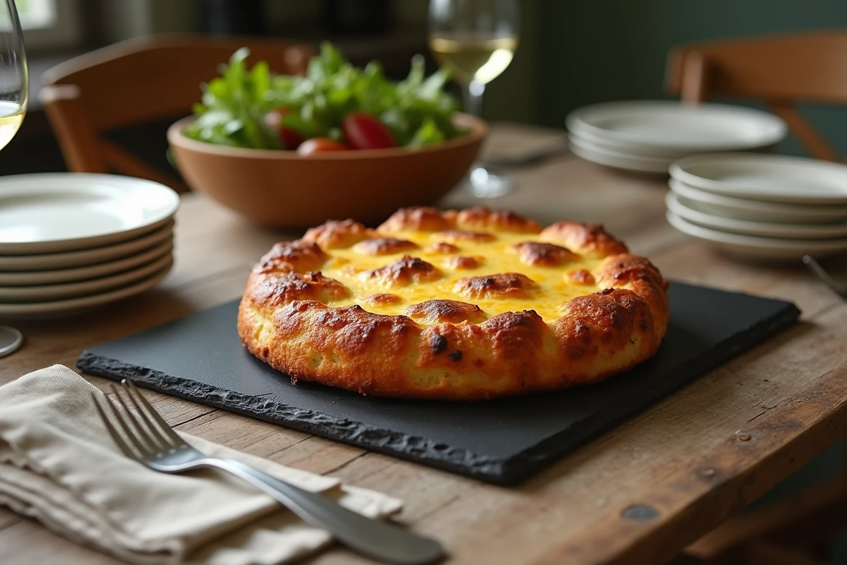 Ganzes Speck-Käsekuchen auf einer Schieferplatte in der Mitte eines geselligen Frühstückstisches mit grünem Salat und Gläsern