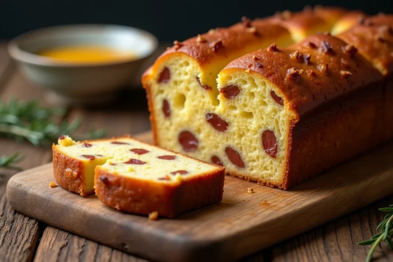 Cake lardons gruyère tranché sur une planche en bois avec intérieur fondant visible et garniture de thym frais