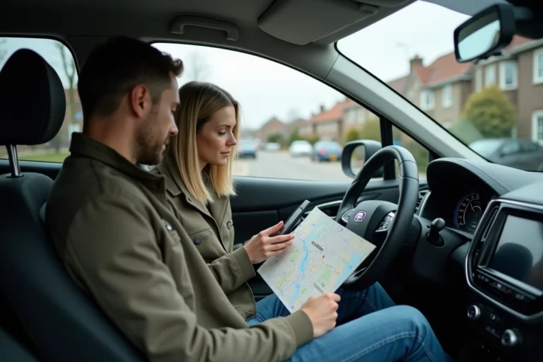 Deux covoitureurs dans une voiture en train de calculer le coût d'un trajet partagé sur smartphone et carte papier