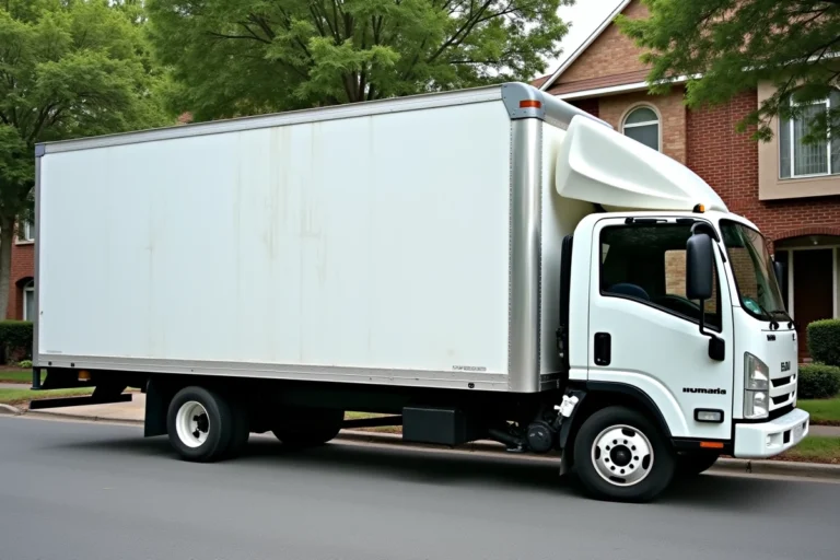 Camion 10 m3 blanc de location garé devant une maison résidentielle, vue trois quarts avant révélant les dimensions de la caisse