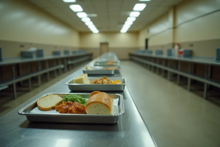 Plateau repas servi en cantine de prison avec portions réglementaires sur comptoir en inox dans une salle à manger institutionnelle