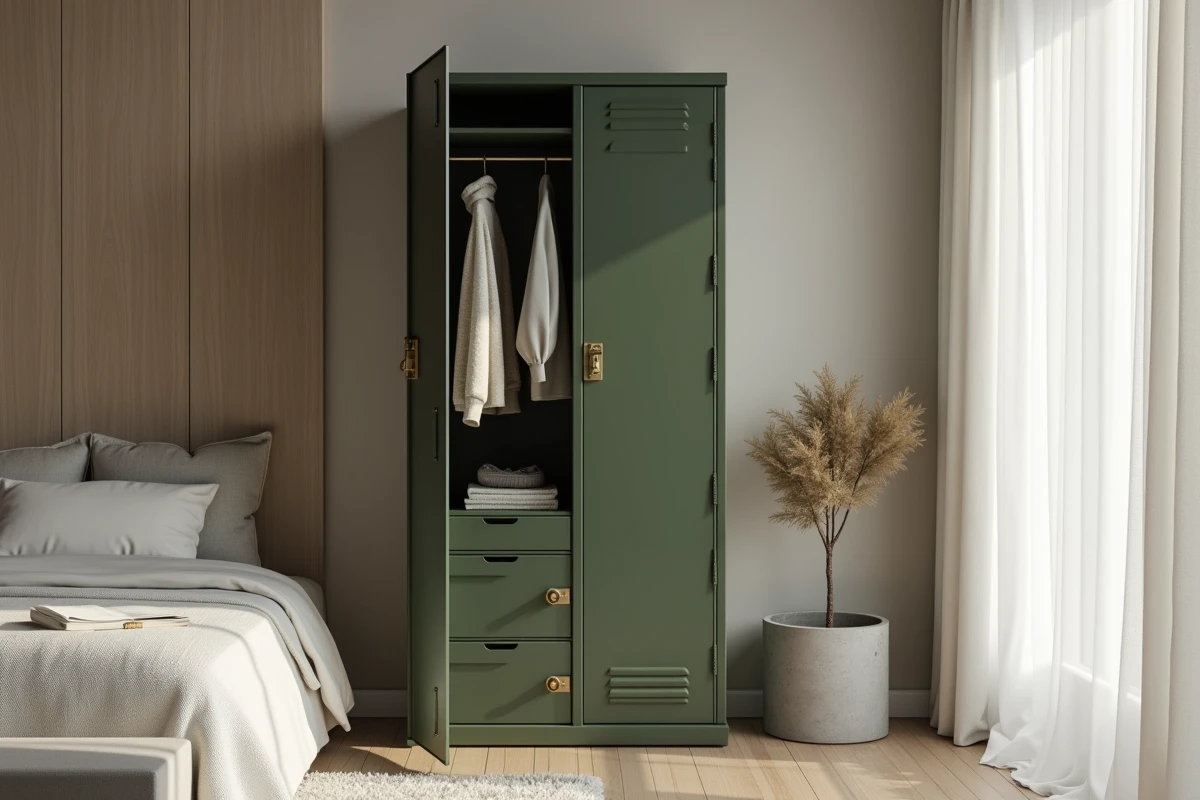 Casier vestiaire métallique industriel deux portes vert olive mat ouvert dans une chambre minimaliste urbaine avec parure de lit en lin blanc