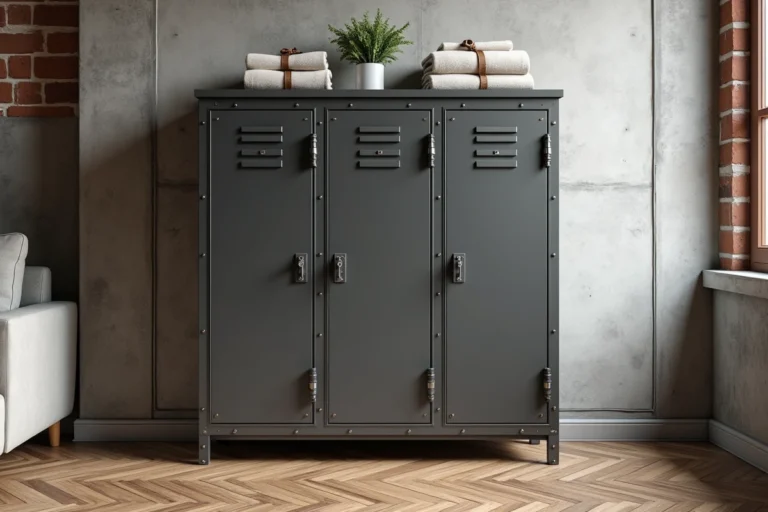 Casier vestiaire métallique industriel à six compartiments intégré dans un salon moderne au style industriel avec mur en béton brut et parquet en chevrons
