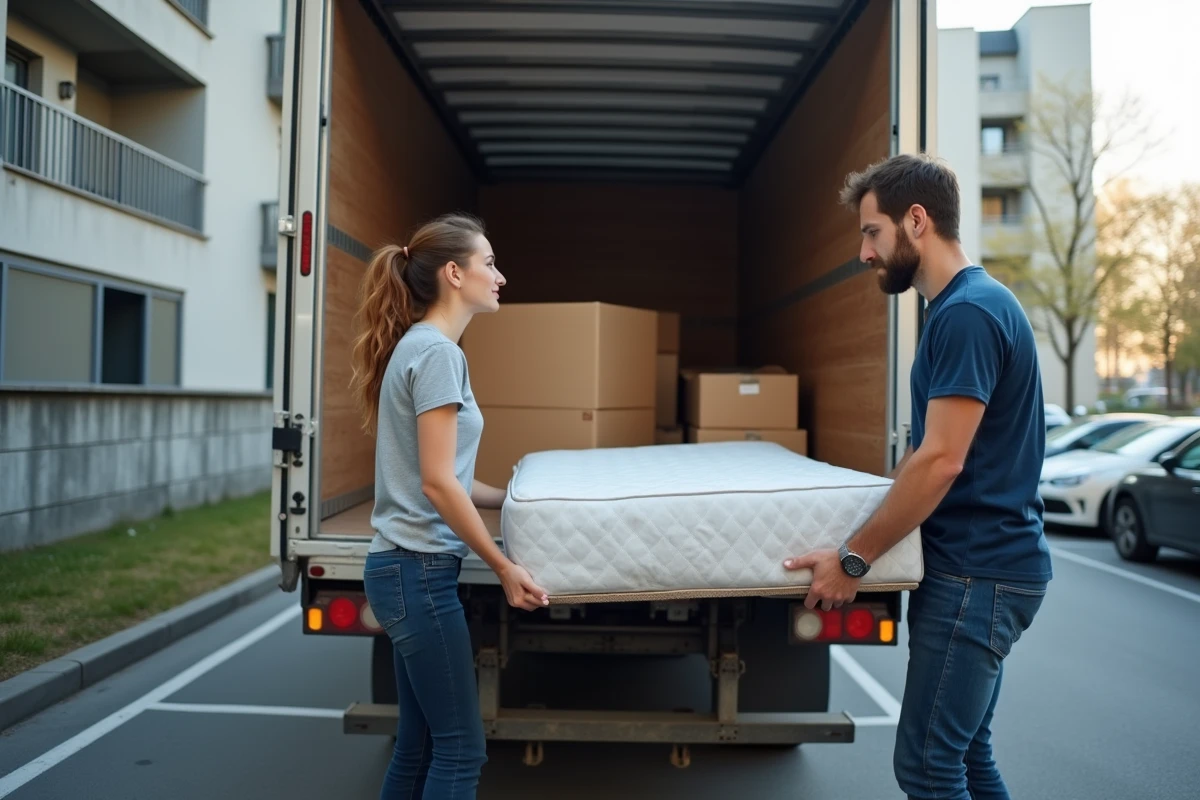 Couple chargeant des cartons et un matelas dans un camion de déménagement 10 m3 dans un parking urbain