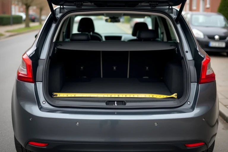 Coffre ouvert d'une Peugeot 308 gris foncé mesuré en largeur avec un mètre ruban, vue arrière trois quarts