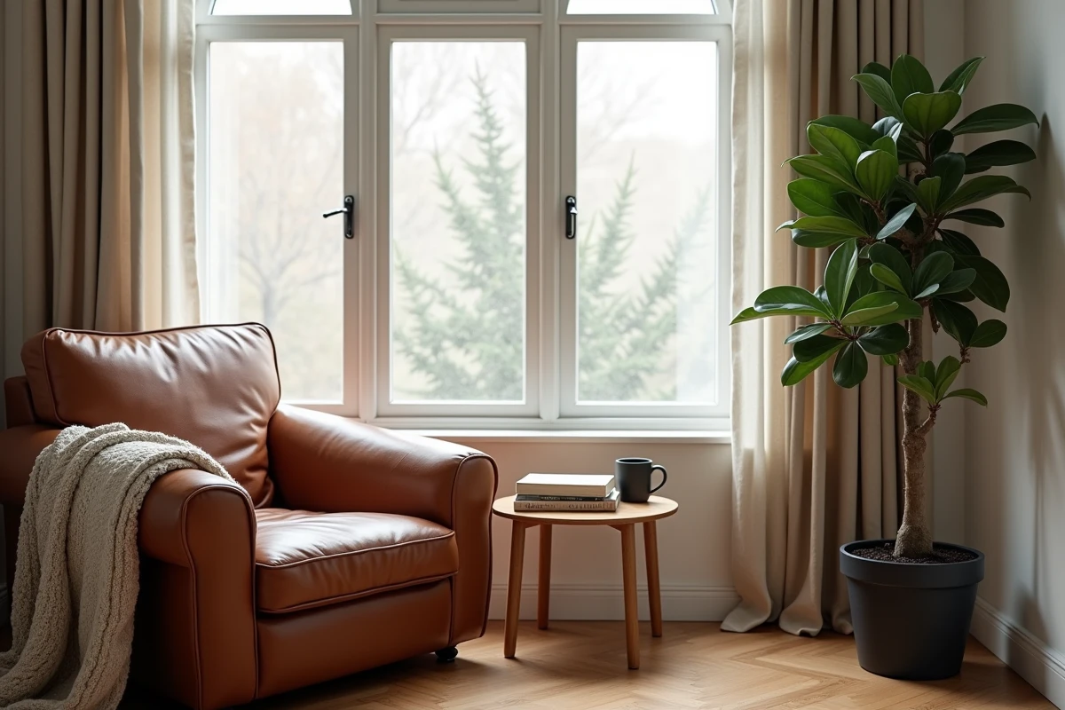Coin lecture cosy avec fauteuil en cuir cognac, plante tropicale et rideaux en lin dans une chambre lumineuse