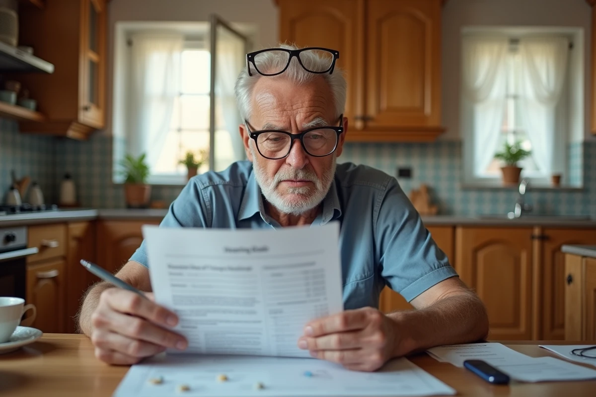 Homme âgé comparant les devis et prix d'appareils auditifs Audika à domicile avant de prendre une décision d'achat