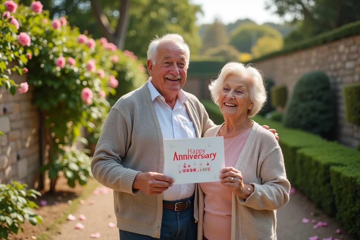 Couple âgé dans un jardin fleuri tenant une carte anniversaire humoristique pour 40 ans de vie commune
