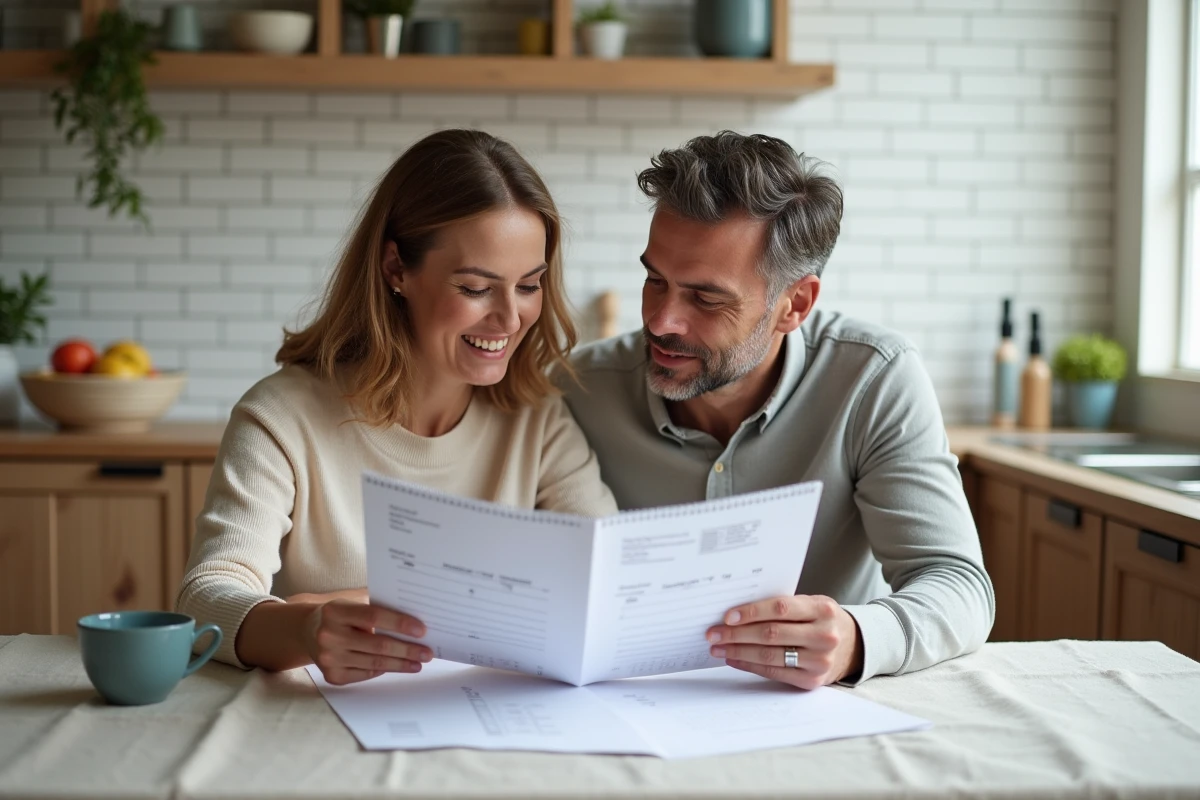 Couple planifiant leurs achats en consultant le calendrier du chèque différé Leclerc 2026
