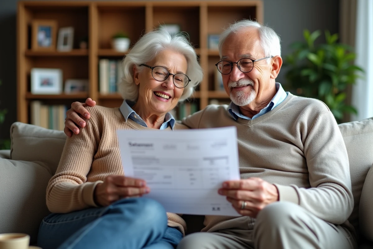Couple of retired veterans reviewing their mutualist retirement statement in their living room
