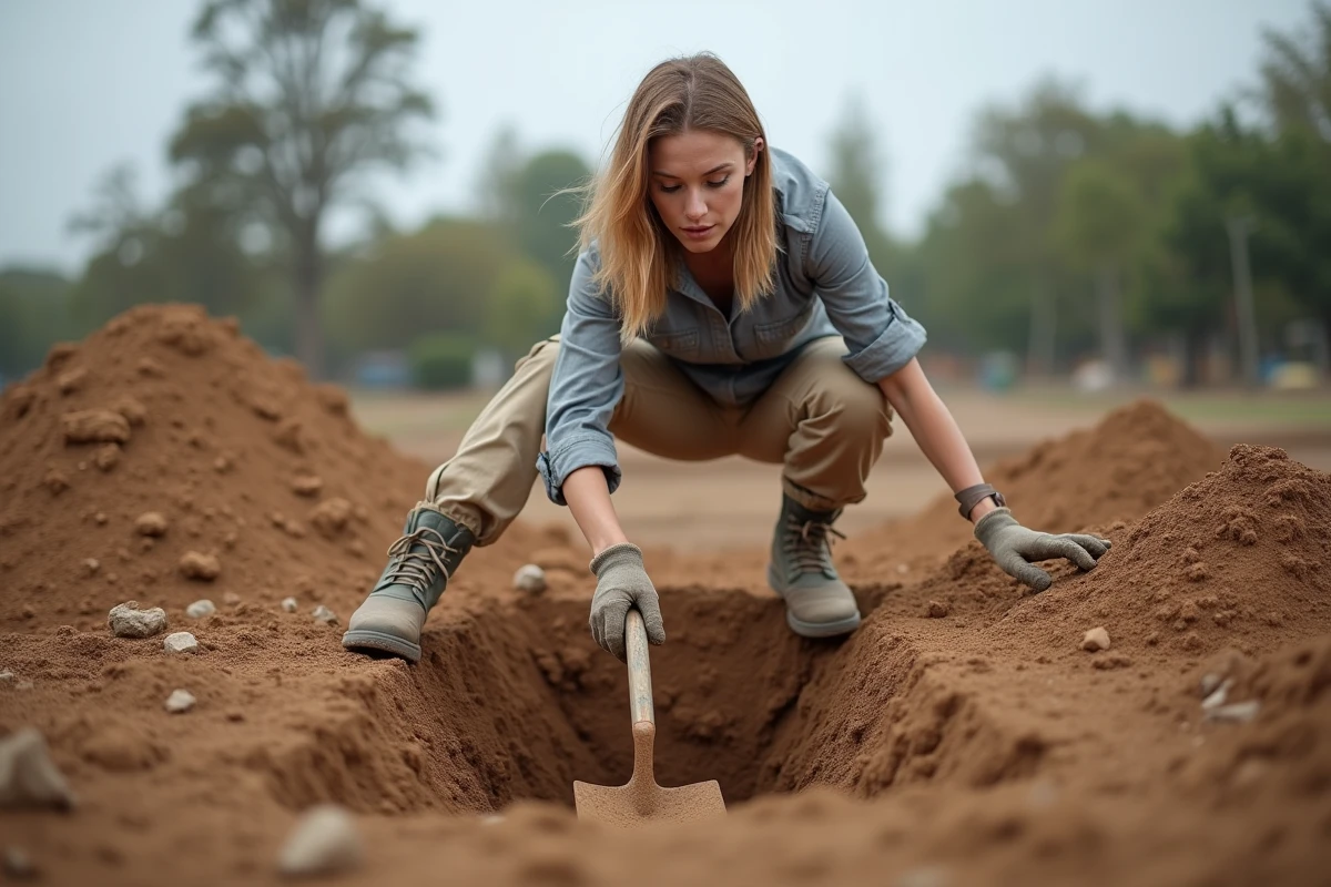 Femme inspectant un trou profond creusé avec une bêche sur un chantier de terrassement, technique d'excavation manuelle