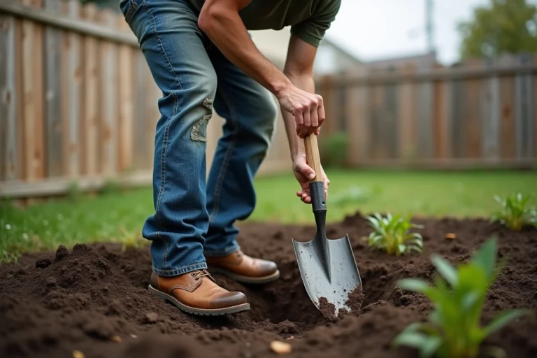 Homme utilisant une pelle pour creuser un trou dans un jardin résidentiel, technique correcte de jardinage avec pied sur la lame