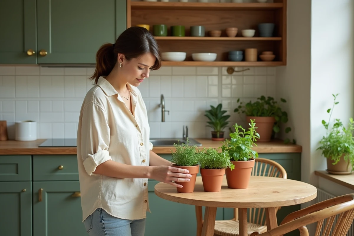 Femme arrangeant des herbes aromatiques dans une cuisine moderne aux tons verts sauge avec étagères en bois récupéré
