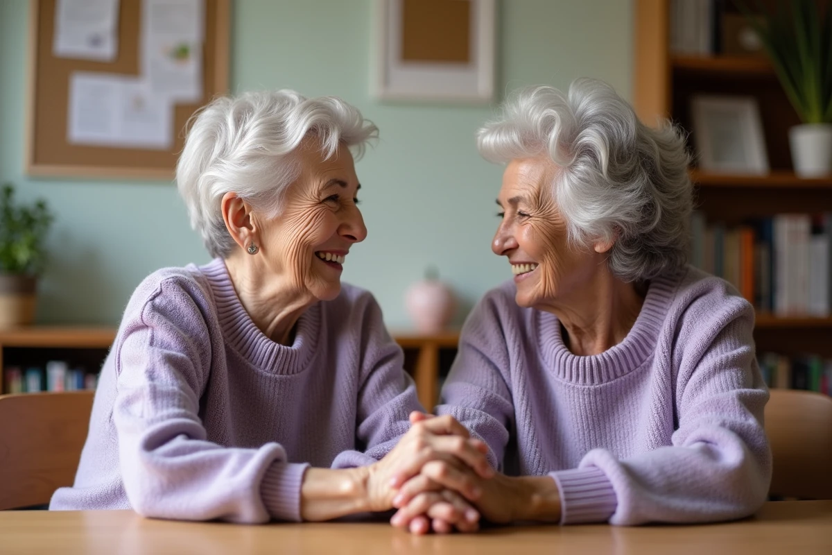 Deux femmes âgées se tenant la main dans un centre communautaire