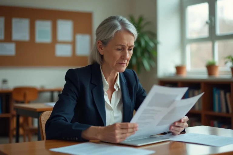 Enseignante inquiète qui examine des documents liés à sa rémunération dans une salle des professeurs
