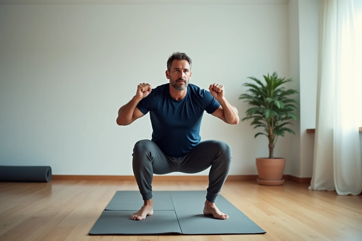 Homme s'entraînant avec des squats au poids du corps dans son salon pour rester actif au quotidien