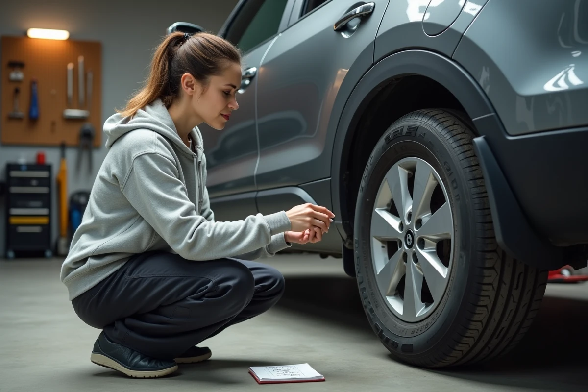 Une femme estimant l'usure de son véhicule par kilomètre en inspectant les pneus dans son garage