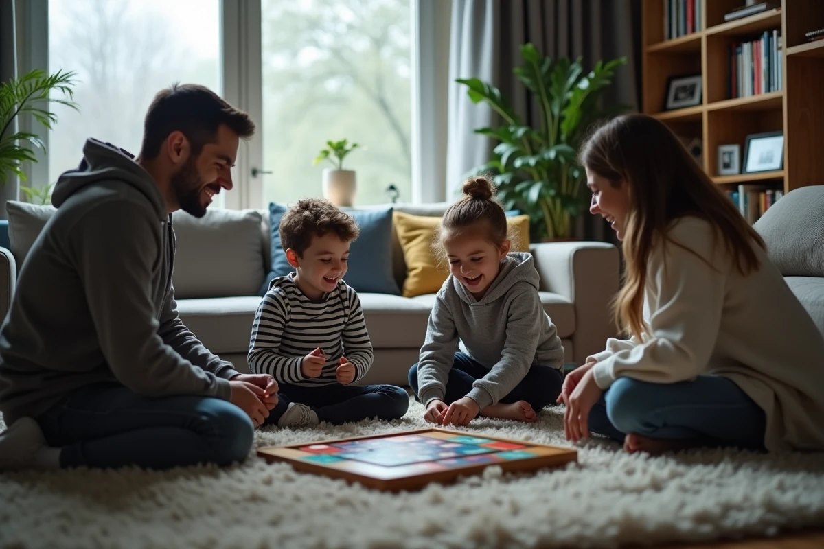 Famille jouant à un jeu de société sur le tapis du salon lors d'une après-midi pluvieuse, moments de bonheur quotidien