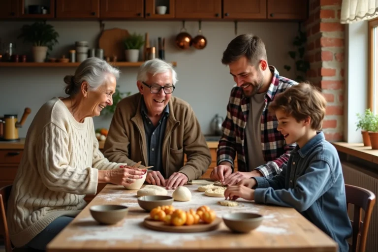 Famille multigénérationnelle réunie dans une cuisine rustique pour préparer un repas ensemble dans la bonne humeur