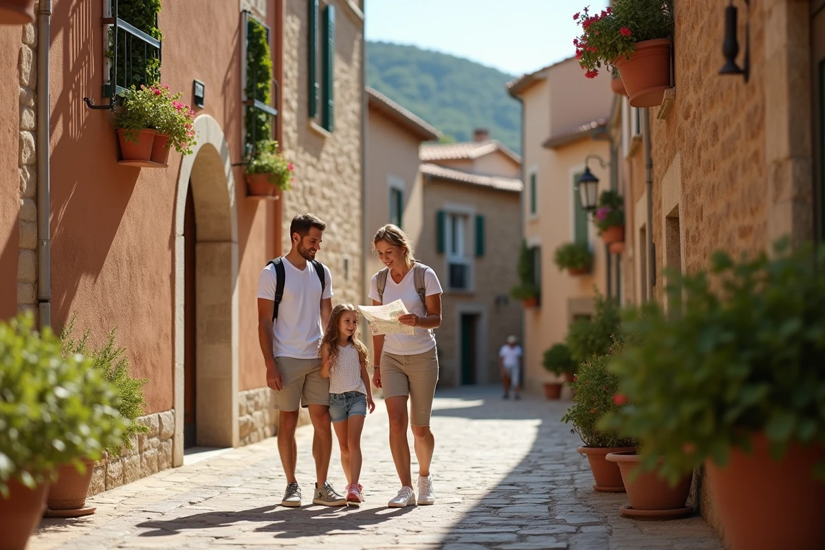 Famille en vacances tout compris découvrant un village corse typique avec ruelles en pierre et architecture traditionnelle