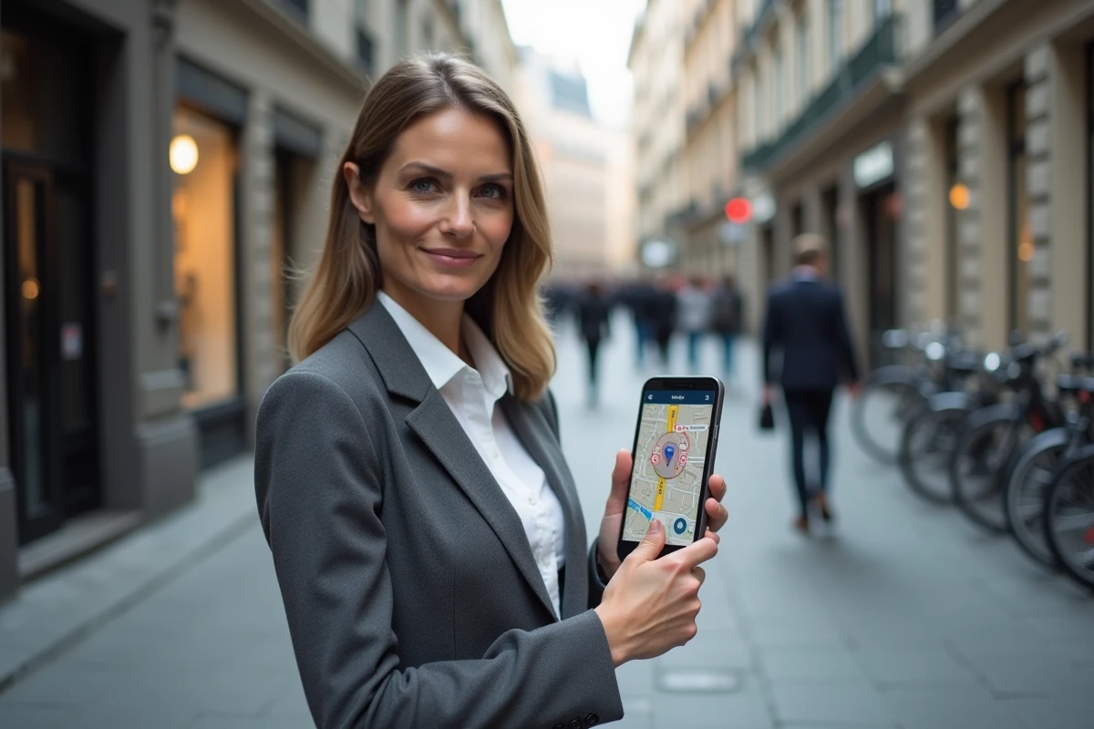 Femme professionnelle consultant une application de localisation précise sur smartphone en milieu urbain