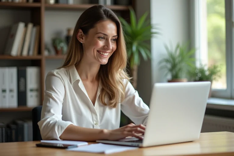 Femme concentrée utilisant un ordinateur portable dans un bureau moderne