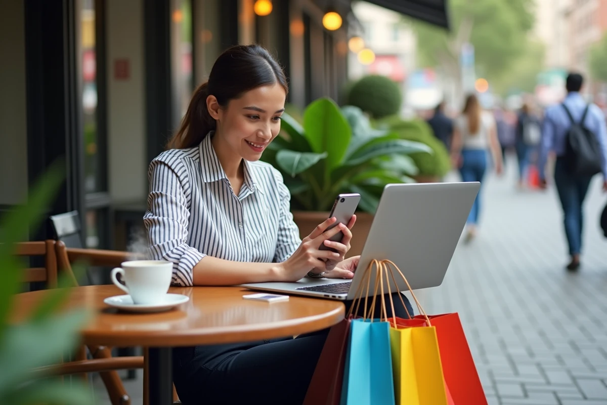Femme assise au café utilisant son smartphone