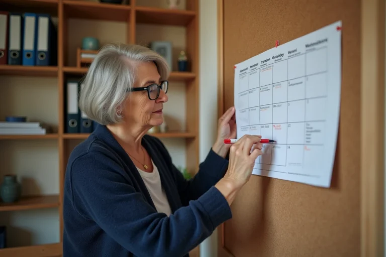 Femme consultant un calendrier 2026 pour noter les dates importantes du chèque différé Leclerc