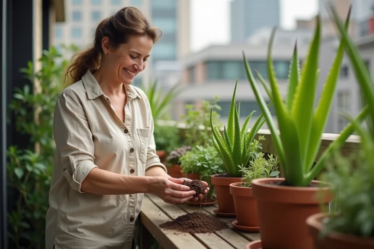 Femme souriante saupoudrant compost autour d'une aloe vera en pot