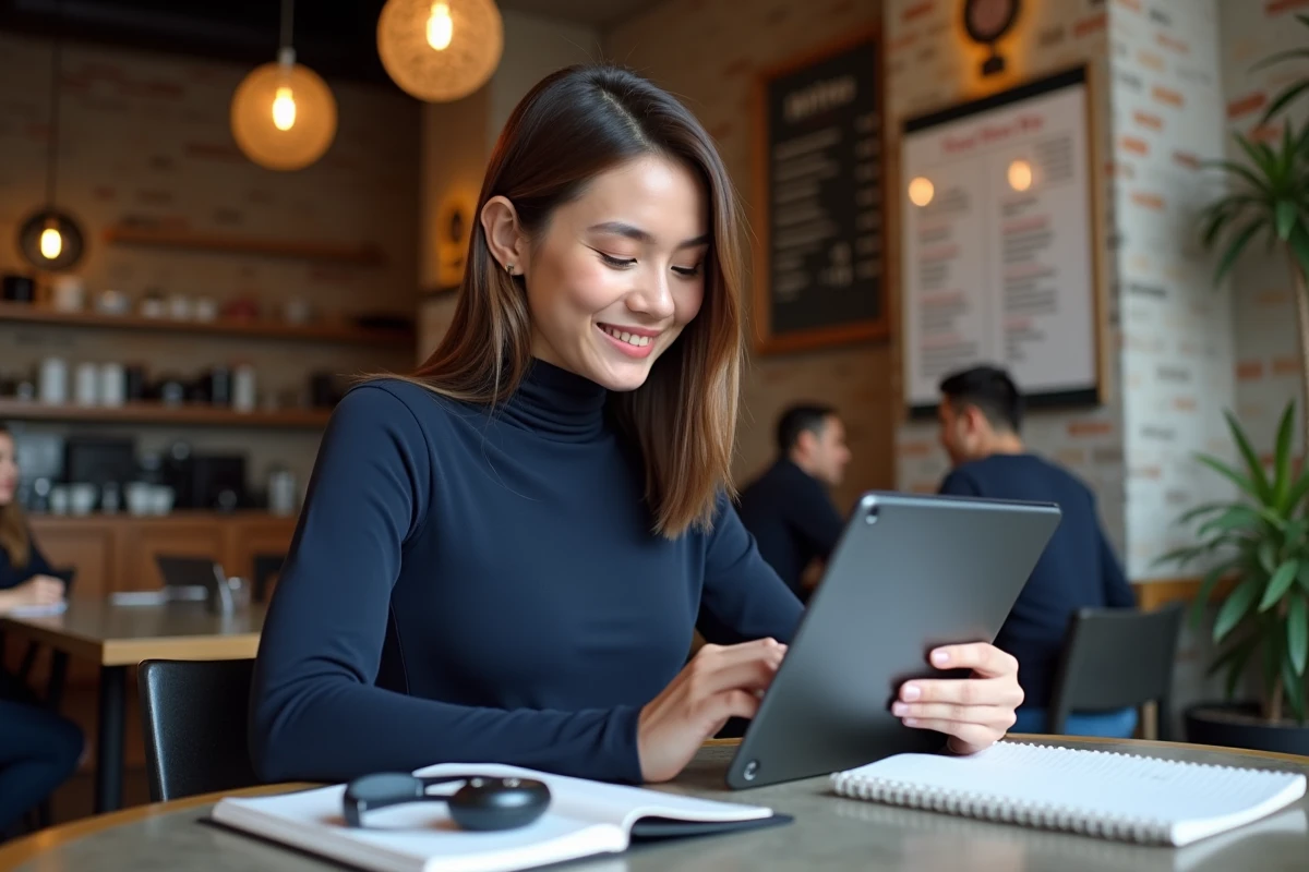 Femme utilisant une tablette dans un espace de coworking convivial