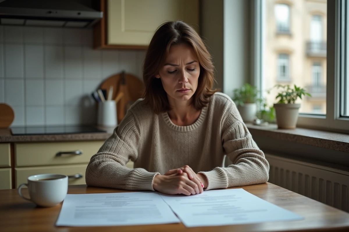 Femme seule face à des papiers de divorce dans une cuisine modeste, évoquant l'impact du divorce sur les ménages à revenus modestes en France