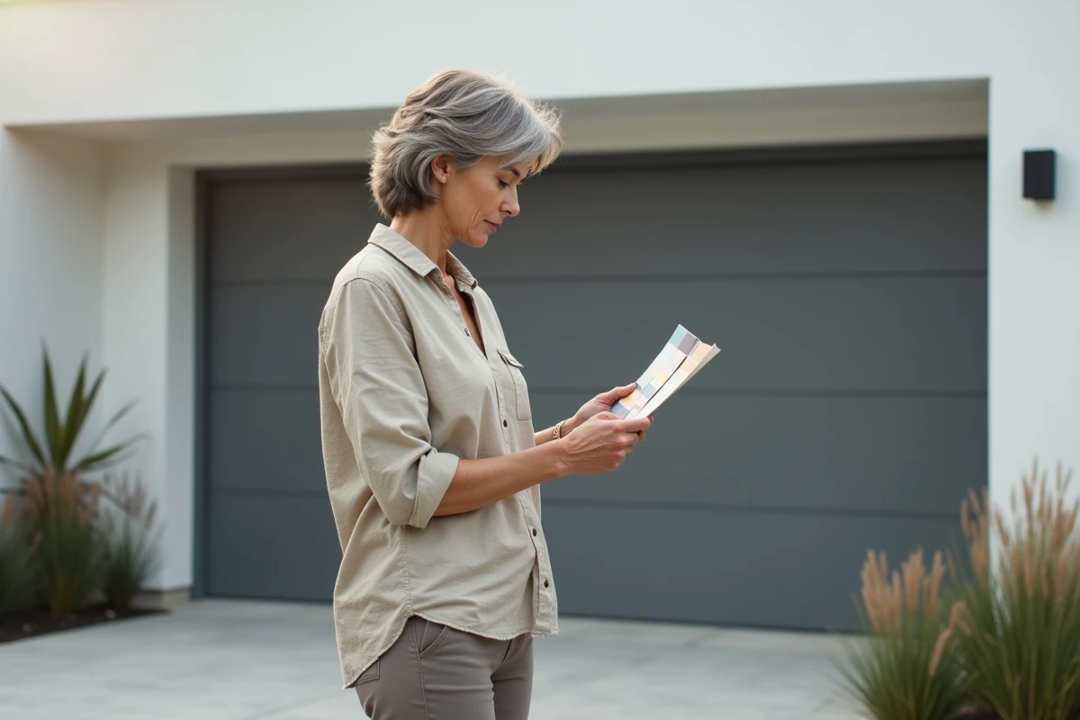 Femme comparant des échantillons de couleur devant un portail coulissant en aluminium gris anthracite