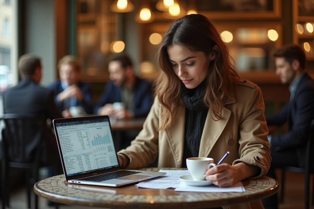 Femme analysant un investissement locatif sur ordinateur portable dans un café typique du centre-ville de Rennes
