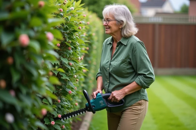Femme d'âge moyen utilisant une tronçonneuse électrique dans un jardin