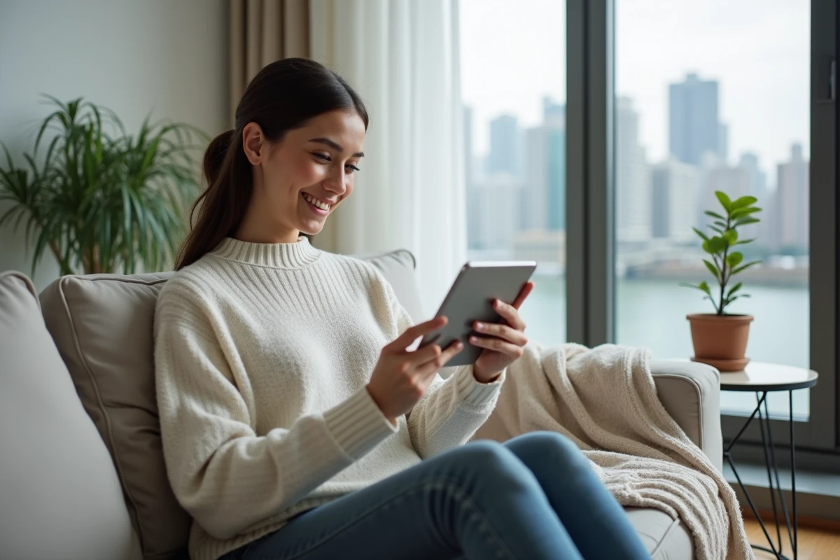 Femme souriante lisant sur une tablette dans un salon moderne