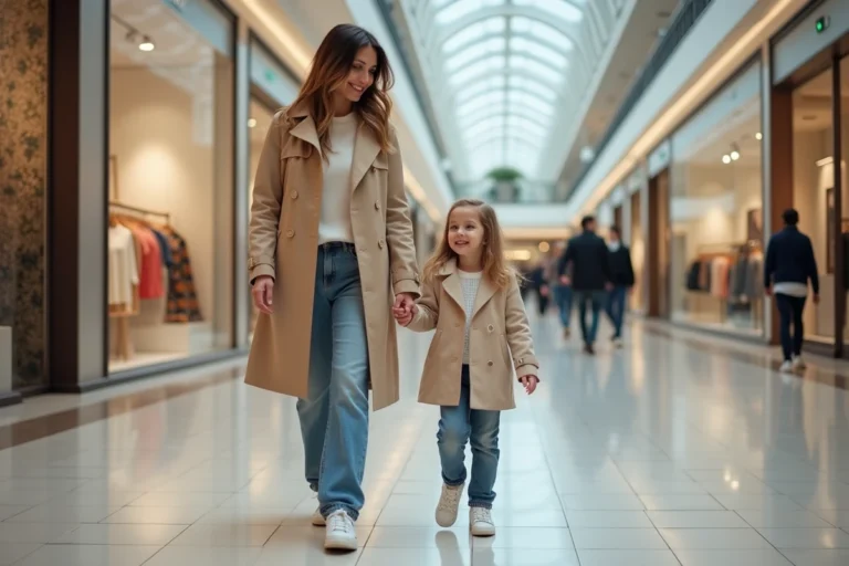 Femme et fille faisant du shopping dans un centre moderne