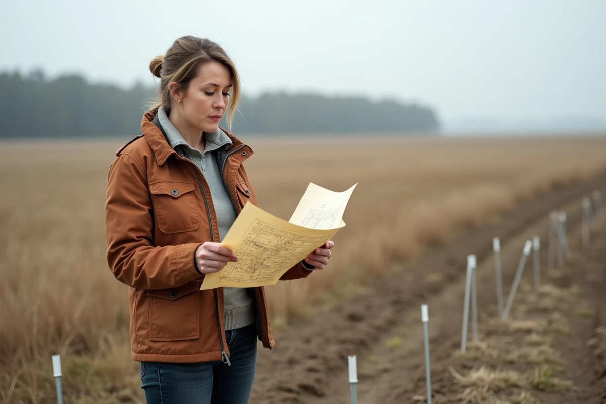 Femme consultant un plan cadastral sur un terrain rural pour en définir les limites sans clôture