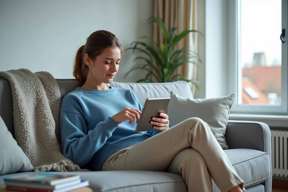 Femme concentrée avec tablette dans un appartement lumineux