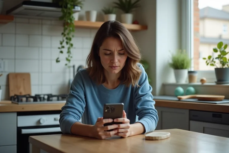 Femme en bleu examine son smartphone à la cuisine