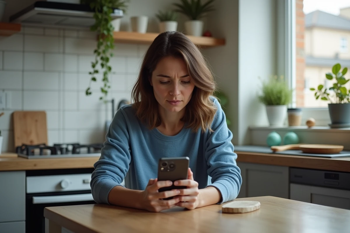 Femme en bleu examine son smartphone à la cuisine