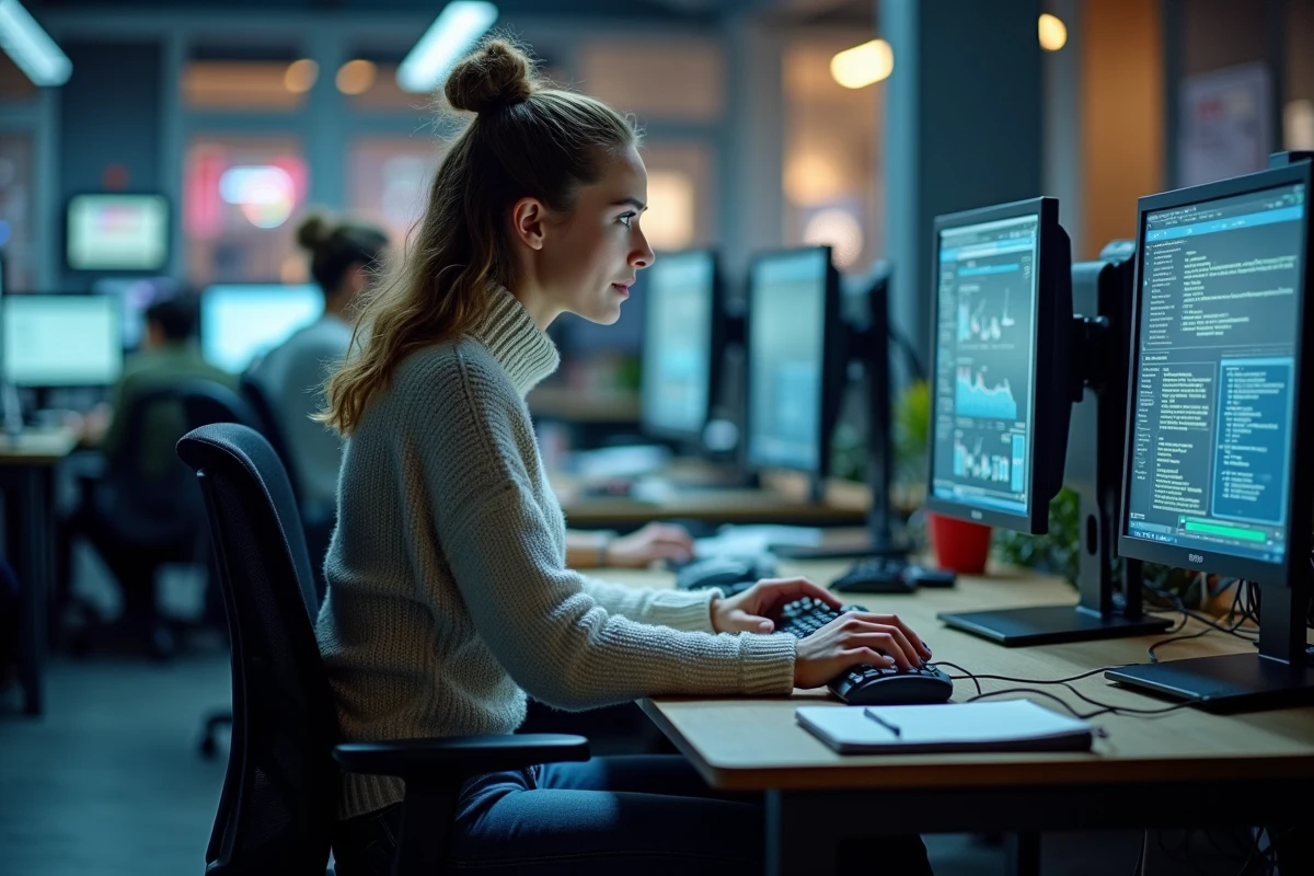 Jeune femme IT concentrée sur son écran dans un espace tech