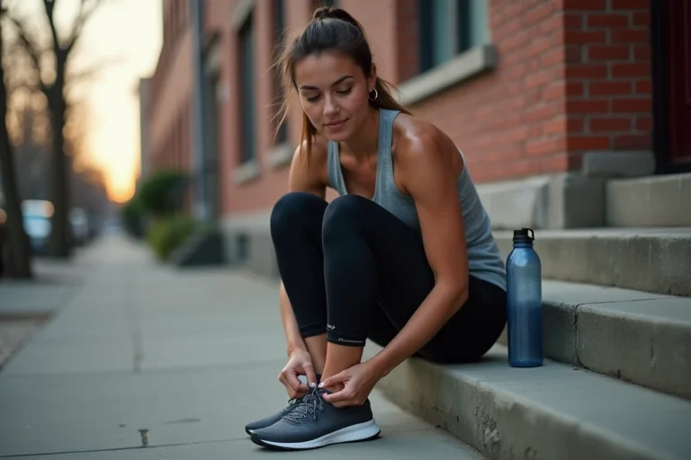 Femme en tenue de sport attachant ses lacets avant une séance de course à pied en ville