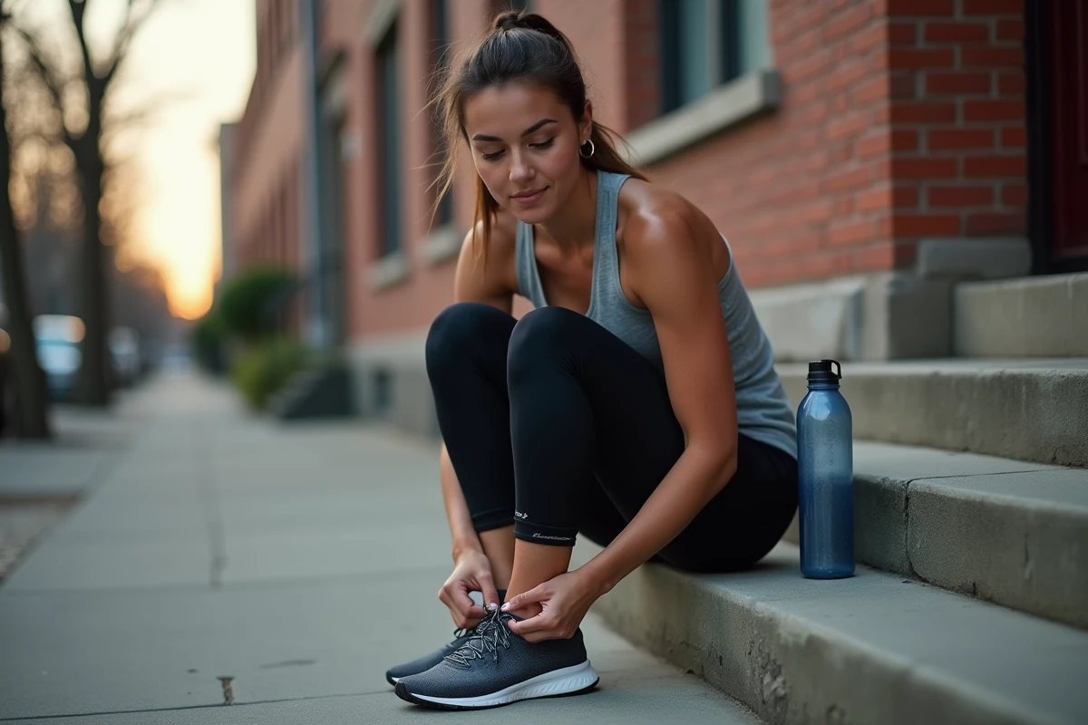 Femme en tenue de sport attachant ses lacets avant une séance de course à pied en ville
